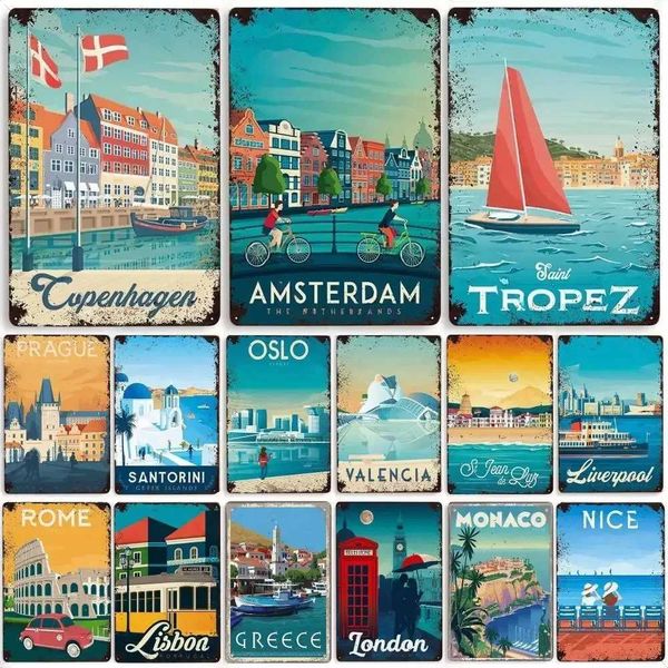 Vintage BERLIN LONDON MONACO Lisbon City Poster Metal Sign Plaque Plate Decor For Workshop Man Cave Bar Pub Hotel Wall DecorXJ250116