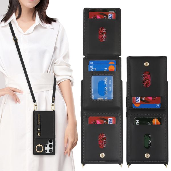 Crossbody Zipper Card Holder Phone Case for Samsung S24 S23 S22 Ultra Long Shoulder Strap 3 Folds Card Pocket PU Leather Shockproof Ring Bra