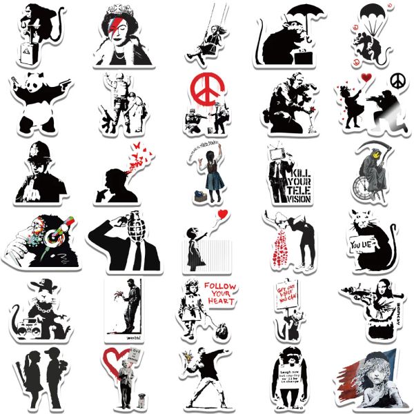 10-30-50PCS Street Artist Banksy Graffiti Stickers Exquisite Decals Ipai Diary Laptop Guitar Black And White Stickers Wholesale