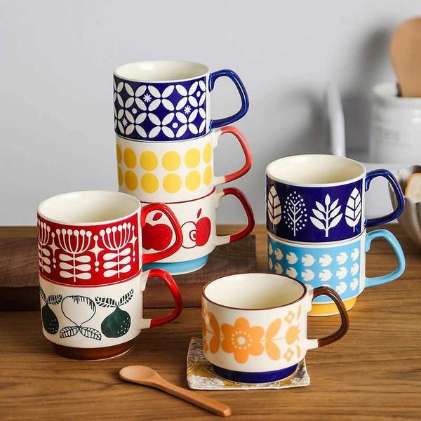 300ml Japanese Flower Coffee Mug Set Retro Ceramic Milk Oats Mug Office Water Handgrip Cup Kitchen Party Drinkware Set Y240813