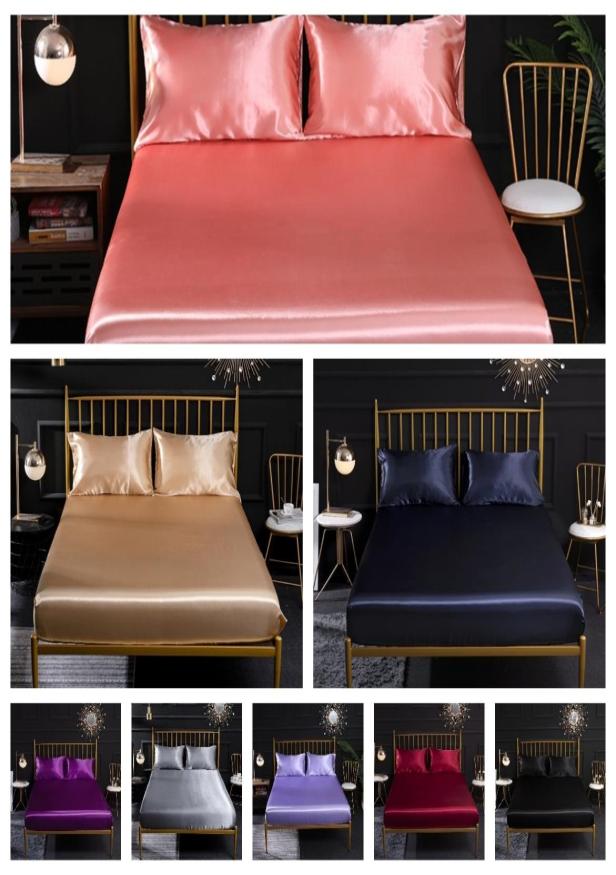 23pcs Solid Silk Bedding Soft Bed Fitted Sheet Set Pillowcase Twin Full Queen King 2011286973838