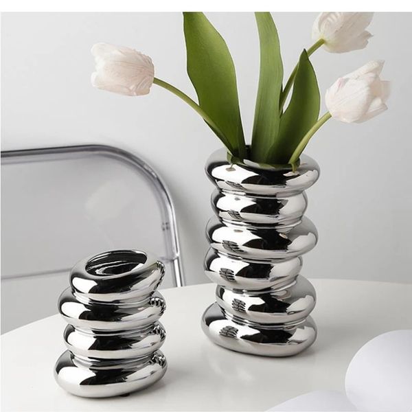 Electroplated Silver Ceramic Vase Nordic Decoration Home Flower Vase Shaped Spiral Vase Living Room Flower Arrangement Container 240709