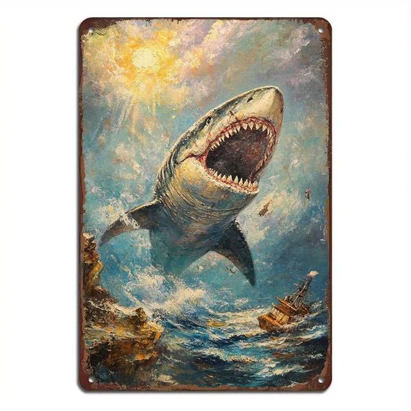 Retro shark sea view metal wall art 8x12 inch tin logo IC iron paint technology Versatile office decoration home wall decoration Y250114