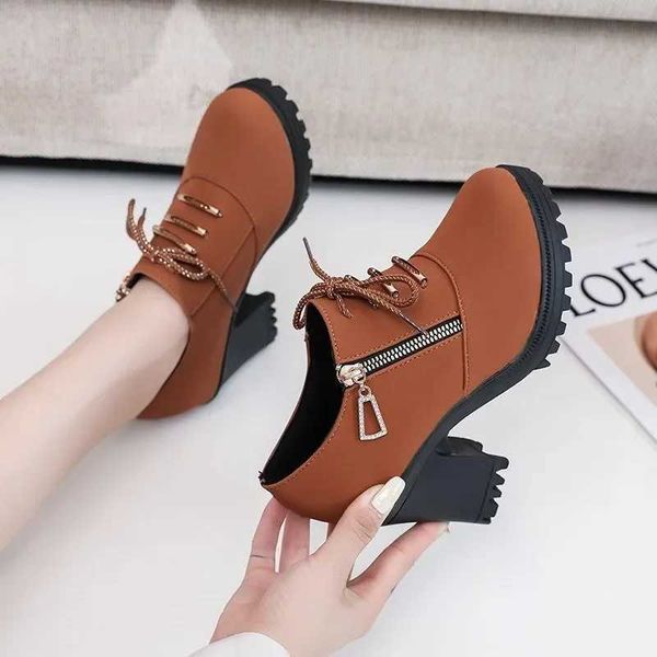 Dress Shoes Ladies Shoes 2024 Plus Size Rome Womens High Heels Retro Office Pumps Women Round Toe Lace Up Chunky Heel Side Zip Shoes Female