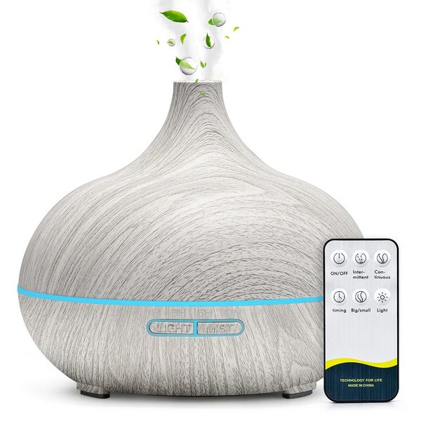 500ML Aromatherapy Essential Oil Diffuser Wood Grain Remote Control Ultrasonic Air Humidifier Cool with 7 Color LED Lights 250113