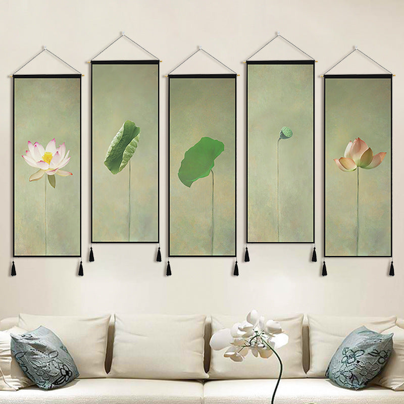 Tea room background wall decoration painting living room cotton and linen lotus hanging painting sofa fabric mural PZ3T01