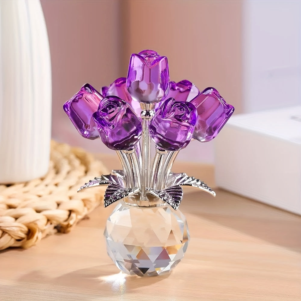 TEMU Handmade Colorful Rose Crystal Sculpture Vase - Valentine's Day, Or Father's Day As A Festive Gift; And Office Decor,