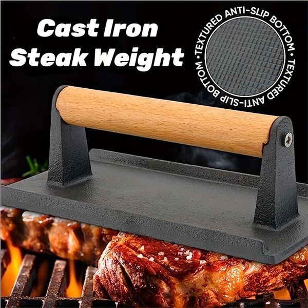 1pc Pre-seasoned Cast Iron Grill Weight, Heavy Duty Steak Burger Press with Wooden Handle Grills, Griddles Flattops, Perfect Gadget for Baco