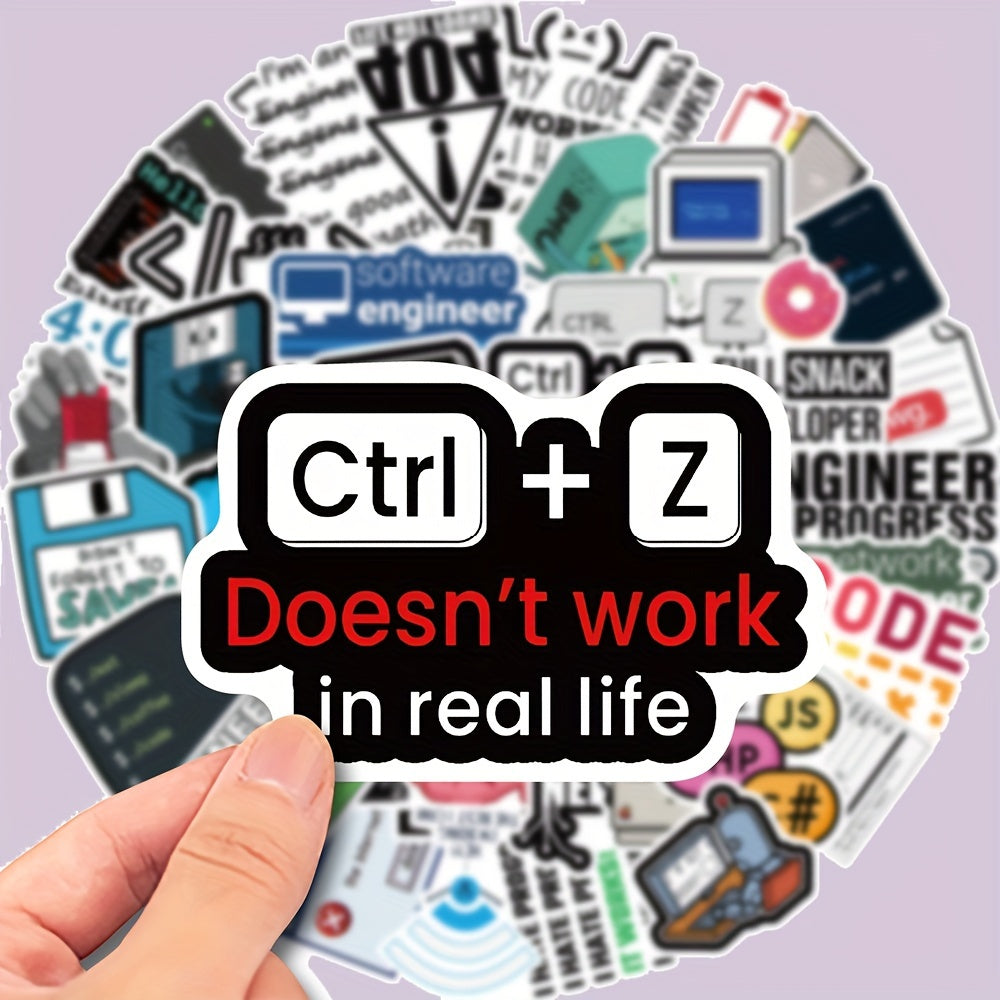 TEMU 50pcs Programmer-themed Vinyl Stickers Pack - White, Durable Decals For Laptops, Guitars, Skateboards & Luggage | " Work " & More Tech Humor |