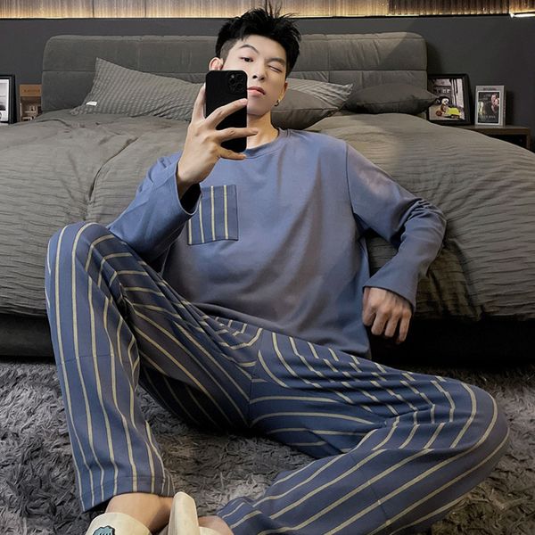 Cotton Men Pajama Long Sleepwear Elegant Male Big Size Pijama Hombre Nightwear Striped Loungewear pajamas for men Dropship 241022