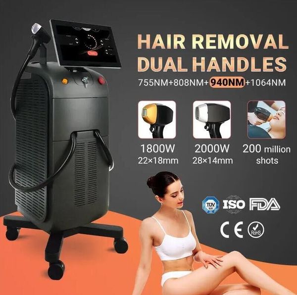 Original commercial diode laser hair removal machine 755 940 808 1064nm diode laser wih 2 handles 2000w +1800 watts 2 times parmanebtly remo