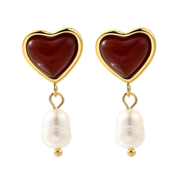 Boucles d'oreilles pendantes en forme de cœur en acier inoxydable 304 avec agate rouge