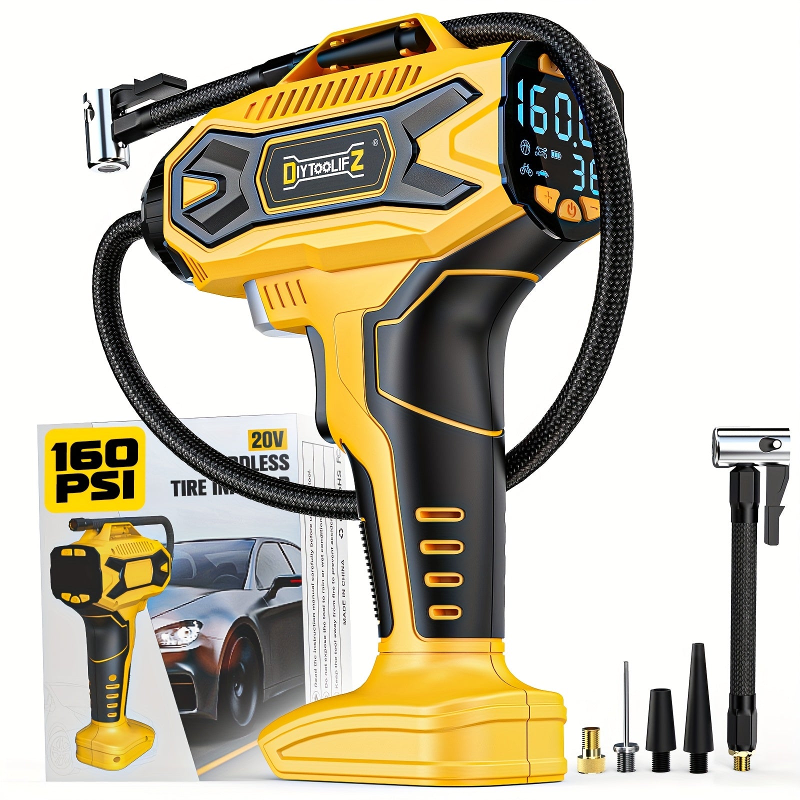 TEMU Cordless Tire Inflator Air Compressor For 20v , 160psi Portable Handheld Air Pump With Digital Pressure Gauge, Fast Inflation For Cars,