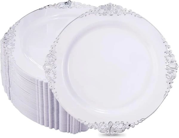 100 pieces of silver plastic plates white with silver disposable plates 10.25-inch silver disposable plates perfect for Christmas 241024