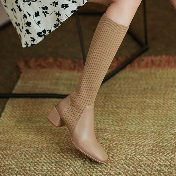 Boot Wen Knee-High Sock Boots 2022 New Fi Knitting Streh Cloth PU ing Lg Boots Fem Square Toe High H Z241118