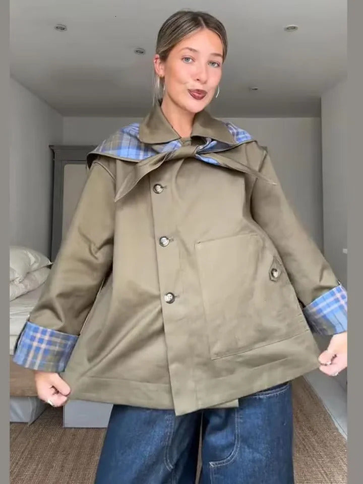 Vintage Plaid Reversible TwoWay Coat Jacket Womens Oversized Long Sleeve Loose Fit Lapel Outerwear Chic Autumn Casual Outfit 250906