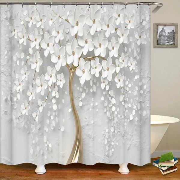 3D Beautiful Flower Tree Printed Bathroom Curtain Polyester Waterproof With Hooks Home Decoration Shower Curtain Bathroom Screen M240824