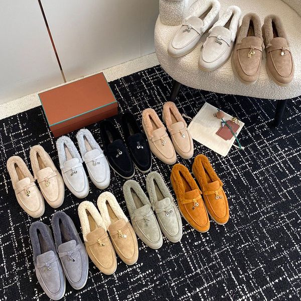 Designer Snow Boots Summer Walk Charms Fur Botas Winter Leather Boots Warm Loafers Women Black Slide Sandstone Genuine Leather Shoes Womens