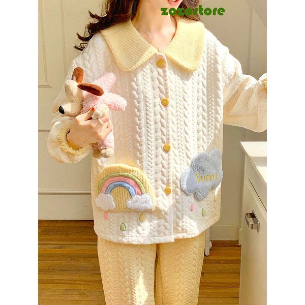 Korean Autumn Style Winter Thicken Women Pajamas Sets Korean Loose Cartoon Pijamas Femme Sleepwear Soft Warm Kawaii Pijama Set Ea