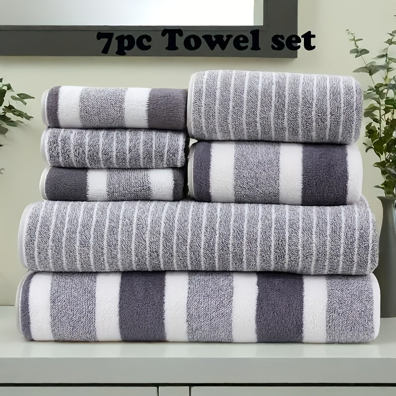 TEMU Hot Selling 7pcs Striped Bath Towel Set - Including 3 Face Towels, 2 Hand Towels, And 2 Bath Towels, Comfortable Absorbent Quick Drying Bath