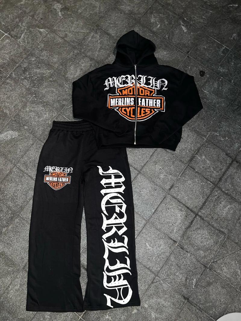 Men&#039;s Tracksuits Printed Letters Sweatpants Two-piece Set Of Retro Clothing Hip-hop Fashion Oversized Casual Zipper Hoodie