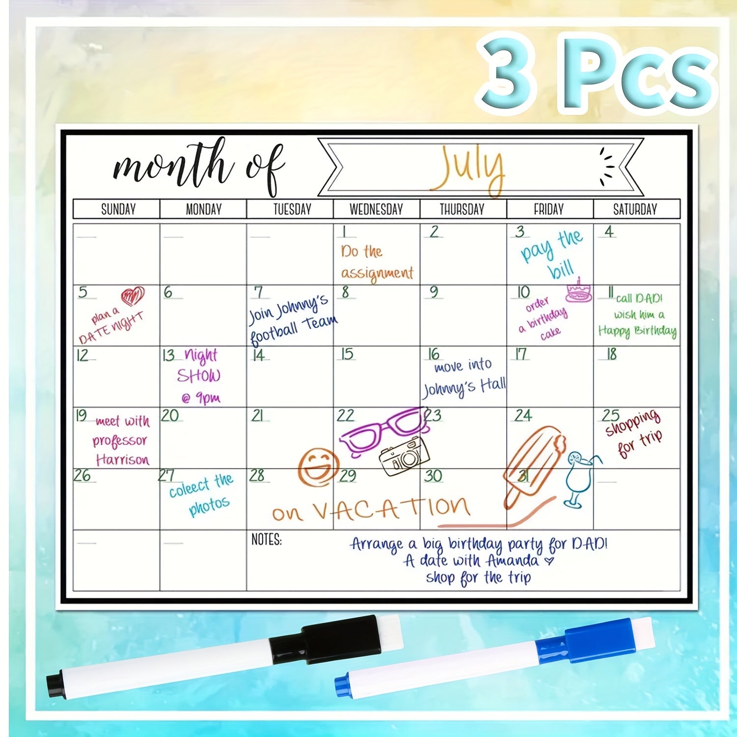 TEMU 1pack Magnetic Dry Erase Fridge Calendar, 1 Blue And 1black Whiteboard Markers.whiteboard Magnetic Calendar For Fridge, Creative Writing Board