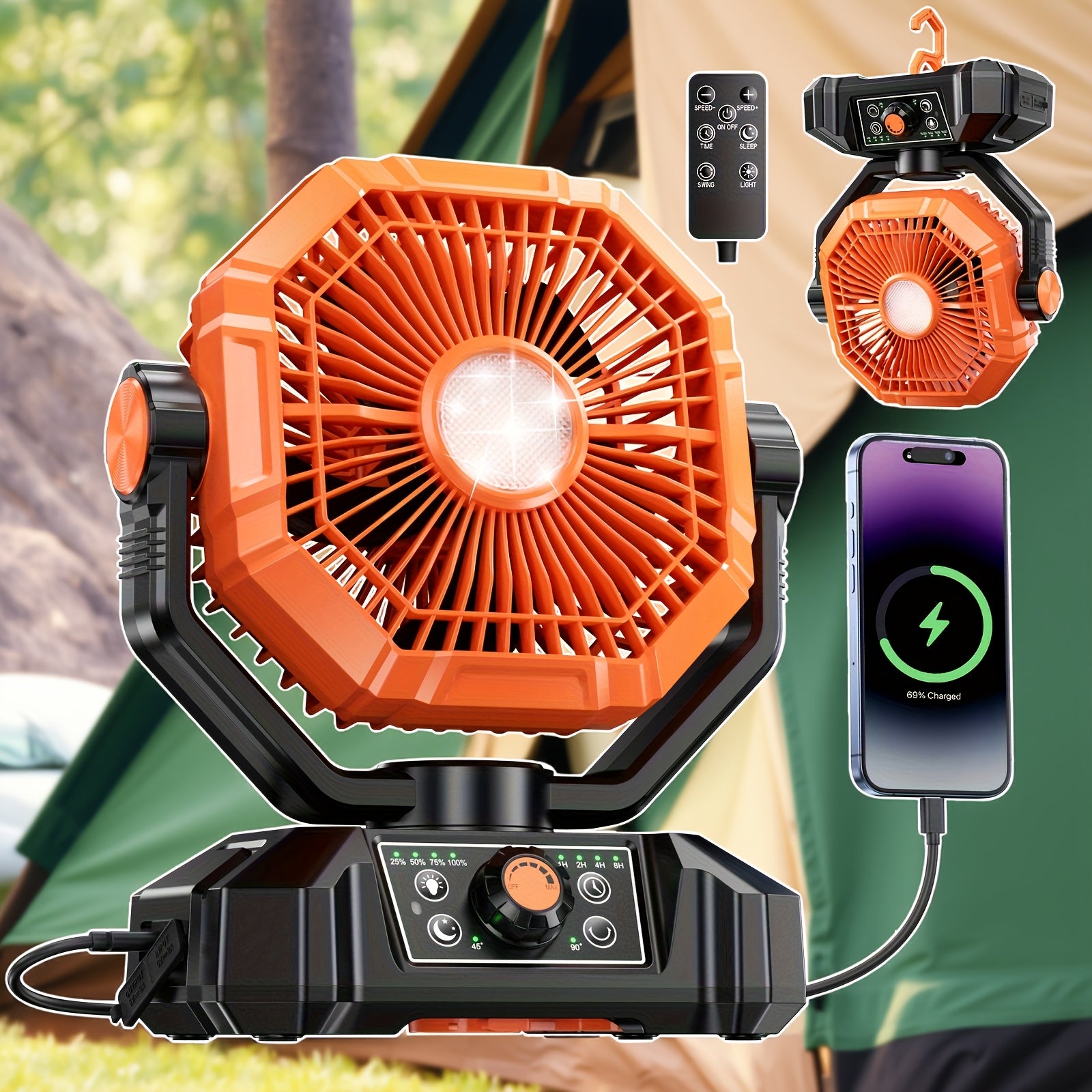 TEMU [portable Rechargeable Fan] Portable Rechargeable Camp Fan - 8 Speed Desktop Fan With Remote Control, Led Lights, Battery Powered, Hook, Power