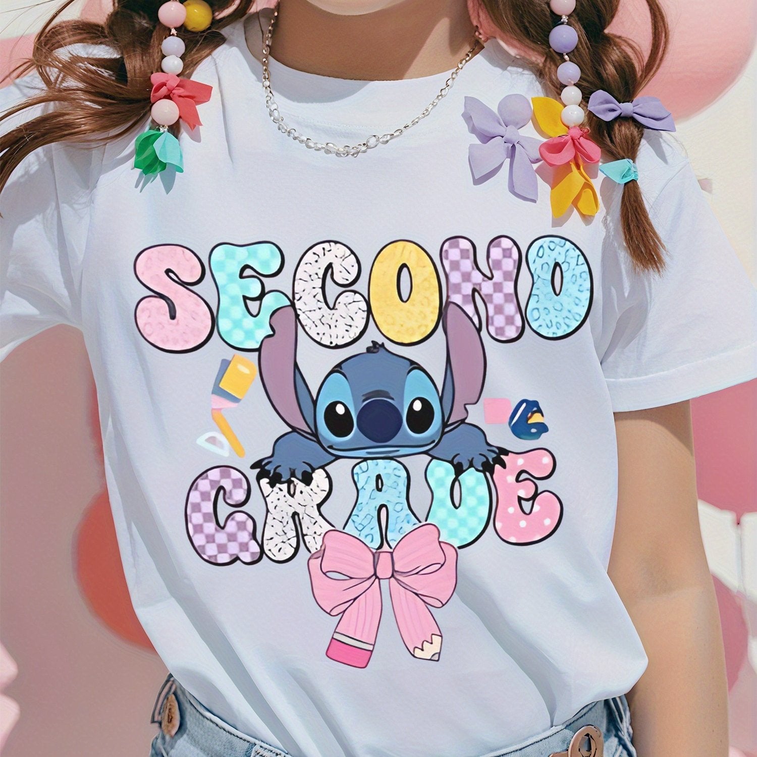 TEMU Stitch Back To Level Shirt, Cute First Day Outfit, 2nd Grade ' T-shirt - Soft & Beige-friendly, Comfortable Round Neck, Stretch & Breathable,