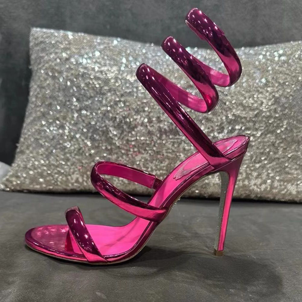 Cleo Red Mirror Sandal 10cm women&#039;s Stiletto Heel Evening shoes Snake Strass Ankle Wraparound high heel sandals Luxury Designer shoes factory f