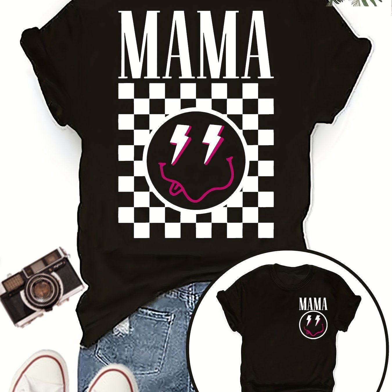 TEMU Women's Mama Graphic T-shirt - Black Casual Crew Neck Short Sleeve Top With Lightning Bolt & Face Print, Checkered Accents, Machine Washable