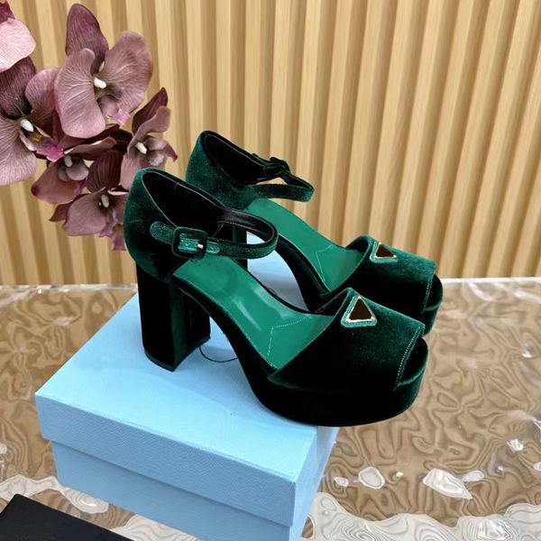 Elegant Luxury Designer Sandals Velvet Fashionable Platform Heel Wedding Shoes Women Casual Ankle with Metal Buckle Decoration Dress Shoe