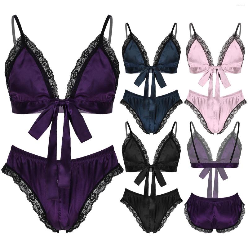 Men&#039;s Sleepwear Men Sissy Gay 2Pcs Satin Lace Trim Pajama Set Nightwear Outfits Adjustable Shoulder Straps Lace-Up Bra Top With Briefs