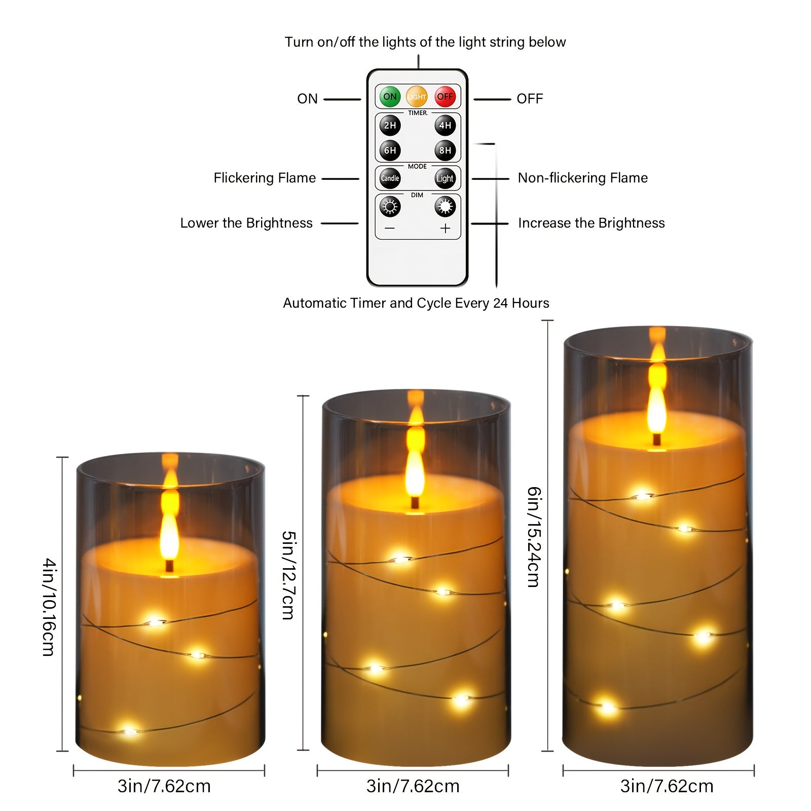TEMU Eebuss Flameless Candles With Embedded Star String, 3 Battery-operated Candles D3×h 4"5"6, Flickering Led Pillar Candles With Remote Control And
