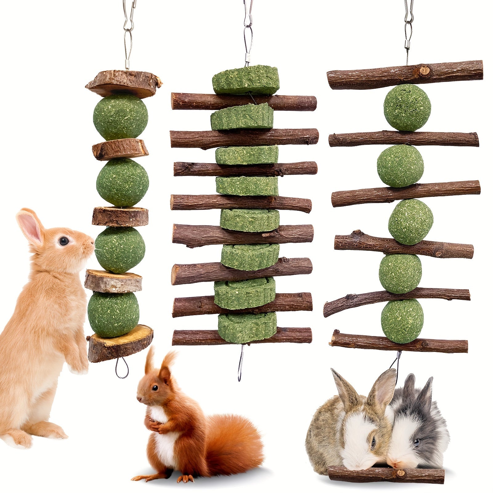 TEMU 3pcs Bunny Chew Toys, Rabbit Chew Toys For Teeth Grinding, Improve Dental Health, Natural Wood Grass Cake Treats For Rabbits Guinea Pigs Bunnies