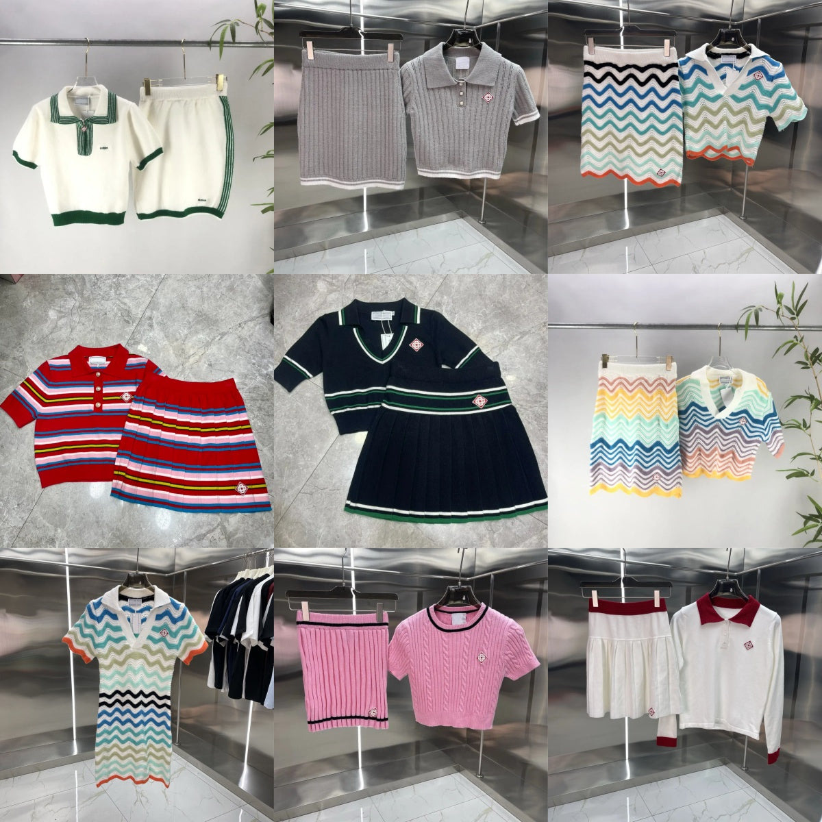 Women&#039;s Tracksuits Designer Style Color Matching Strips Women Knitted Wool Sweater Short Sleeves High Waist Skirt 2 Piece Set Dress