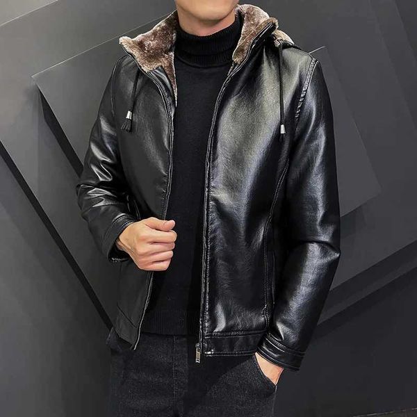 Men&#039;s Leather Faux Leather 2023 Casual Motorcycle Windbreaker Zip Fur Collar Faux Leather Jacket Men Slim High Quality Fashion Wool Lin