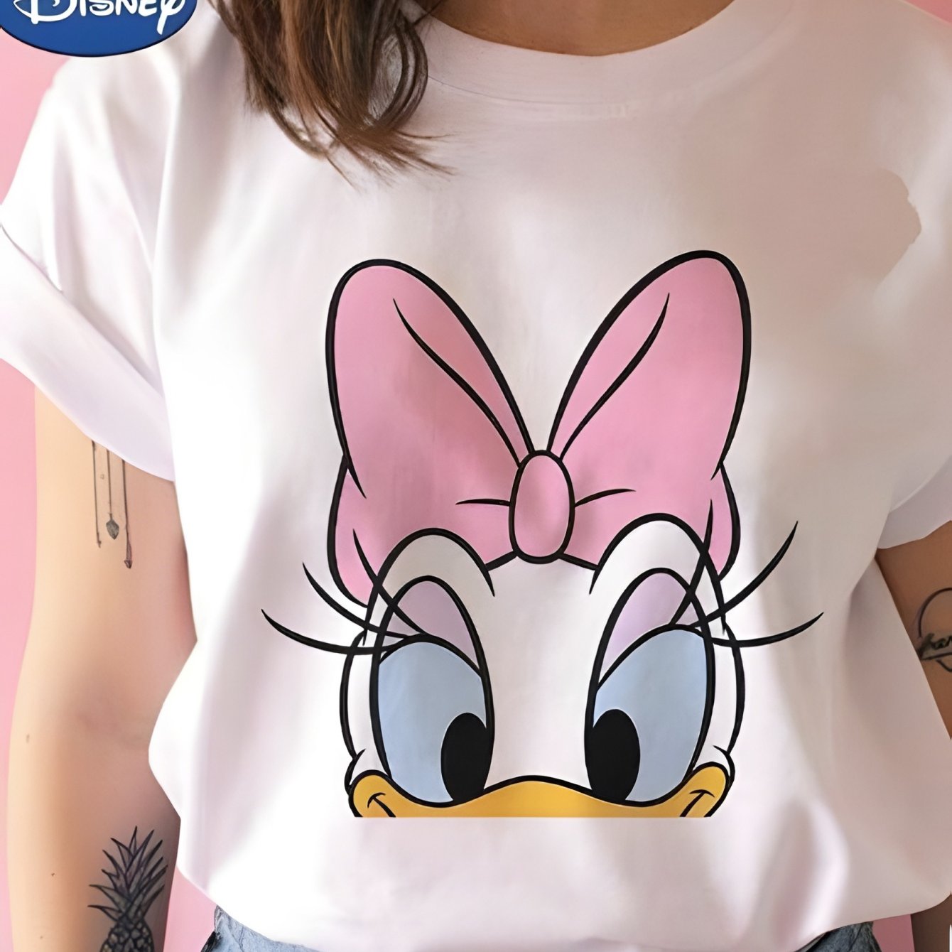 TEMU Graphic 100% T-shirt For Women - Cute White Summer Tee With Pink , Loose Casual Fit, Sizes S~xxl, Character Apparel | Cartoon Print Shirt | 100%