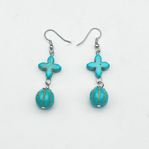 Boucles d'oreilles pendantes en croix et boule ronde en turquoise synthétique et alliage
