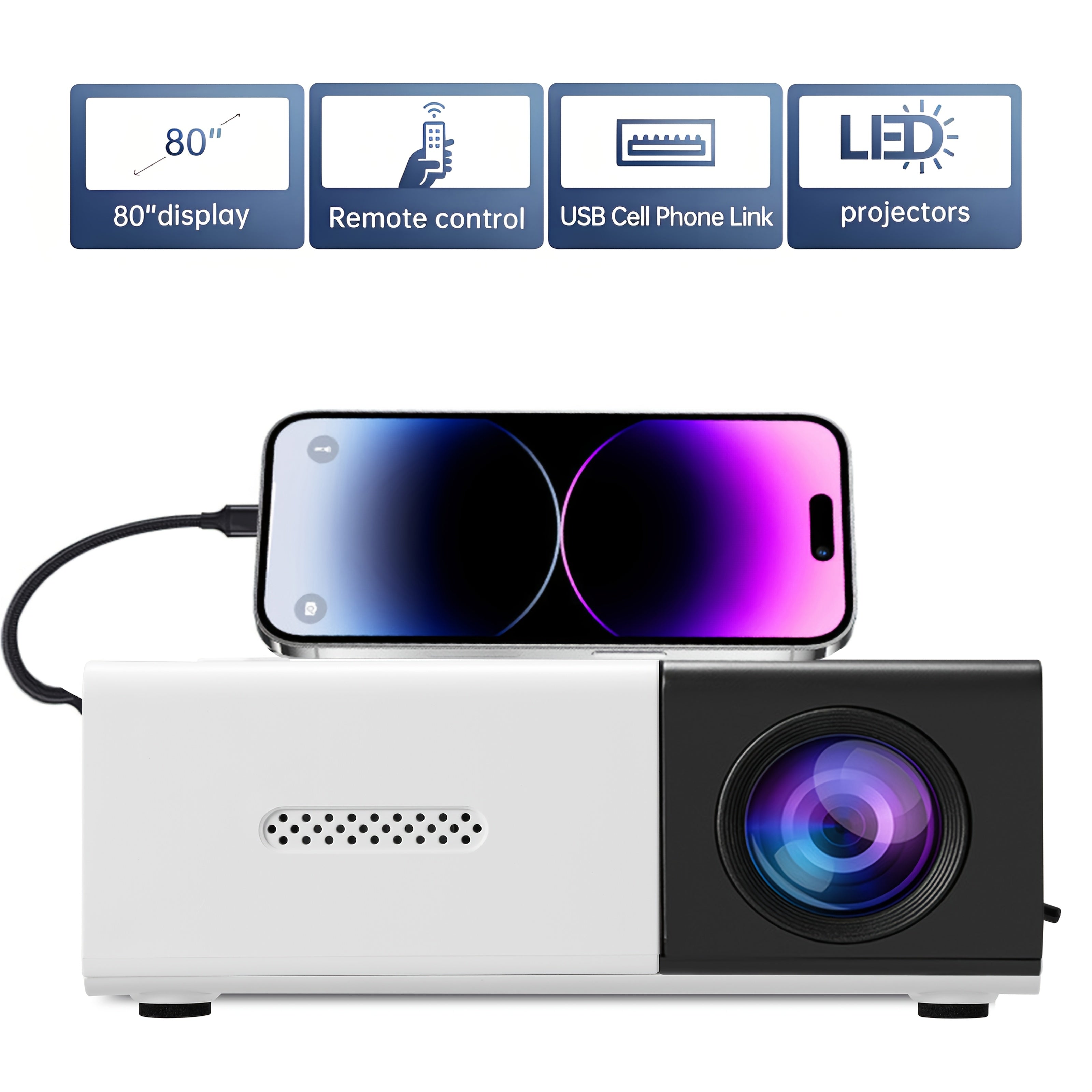 TEMU Portable Mini Projector With Full Hd Native1080p - Compatible With Ios, For , Windows & More - Includes Remote Control, Ideal For Smartphones,