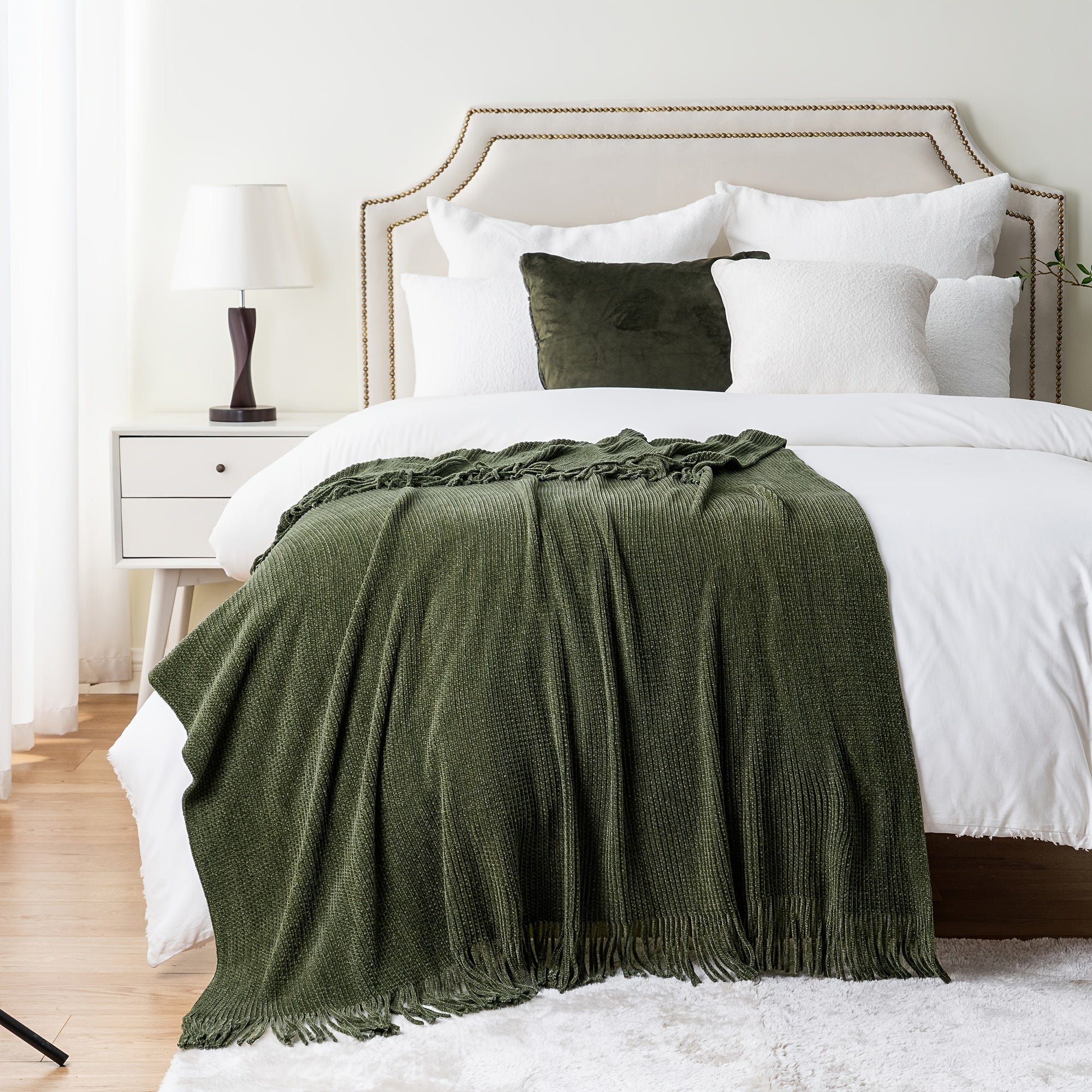 TEMU Olive Green Throw Blanket For Couch, Soft Chenille Throws With Tassels For Home Decor, Green Throws For Couch Cover