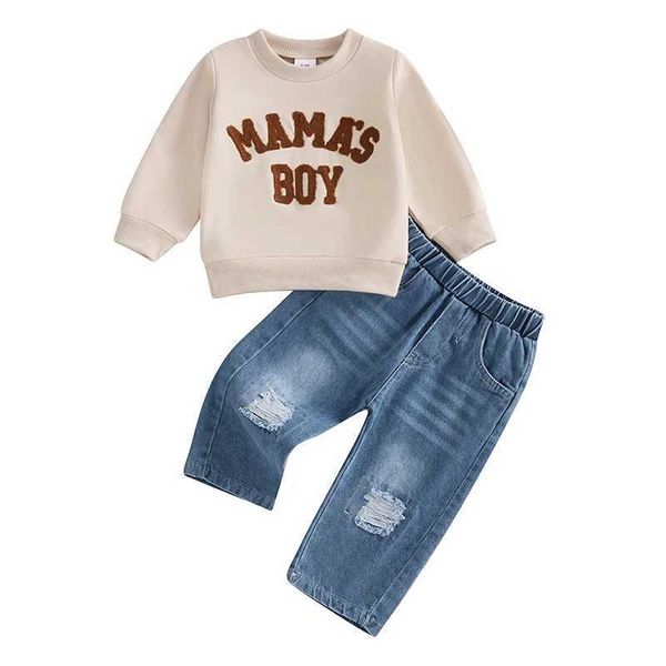 Toddler Boy Autumn Outfit Set with Letter Embroidery Sweatshirt and Distressed Jeans - Long Sle Plover and Pants for Baby Z250113