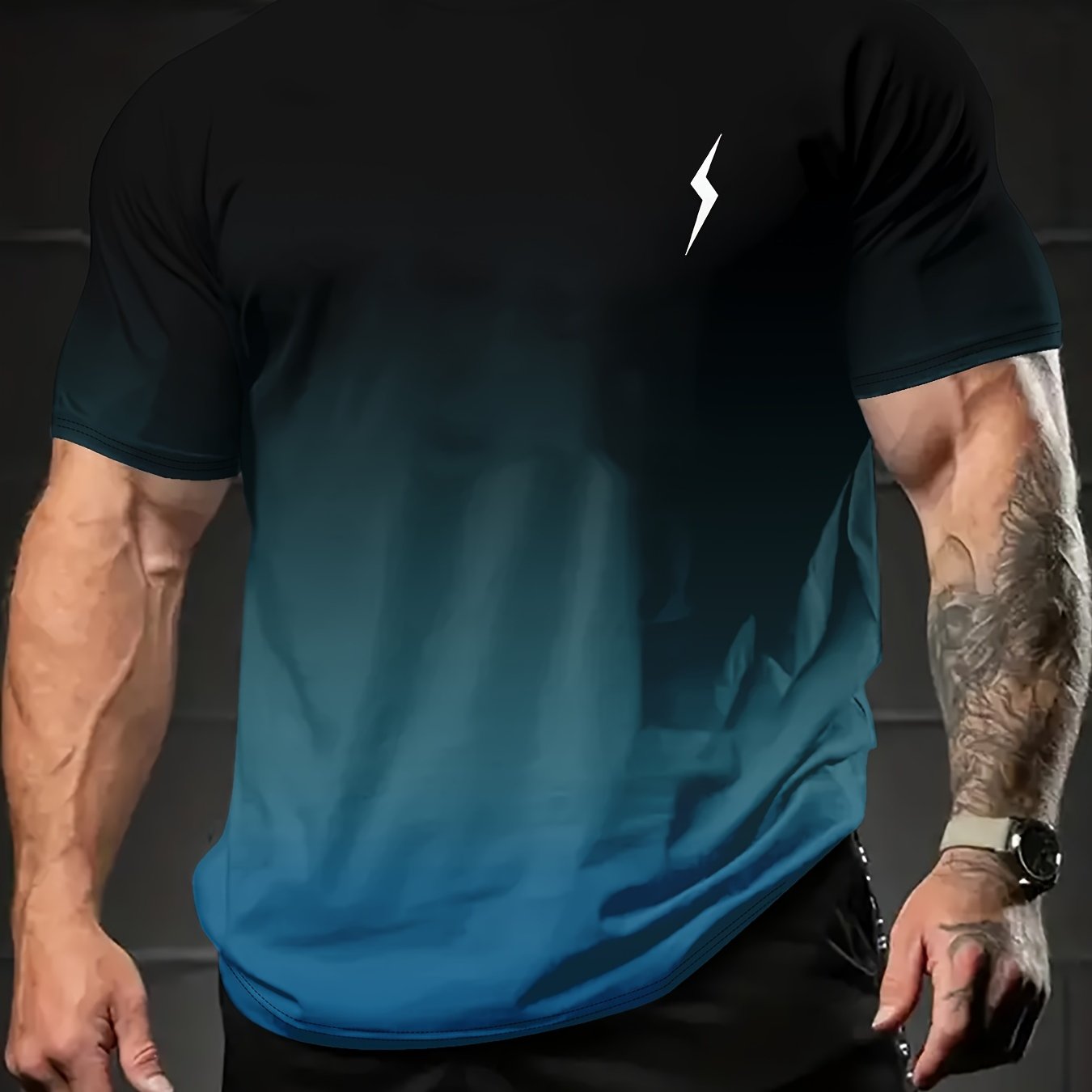 TEMU Men's Summer Casual Sports T-shirt With 3d Lightning Bolt Print - Gradient , Breathable Short Sleeve Round Neck Tee For Gym, Training & Casual ,