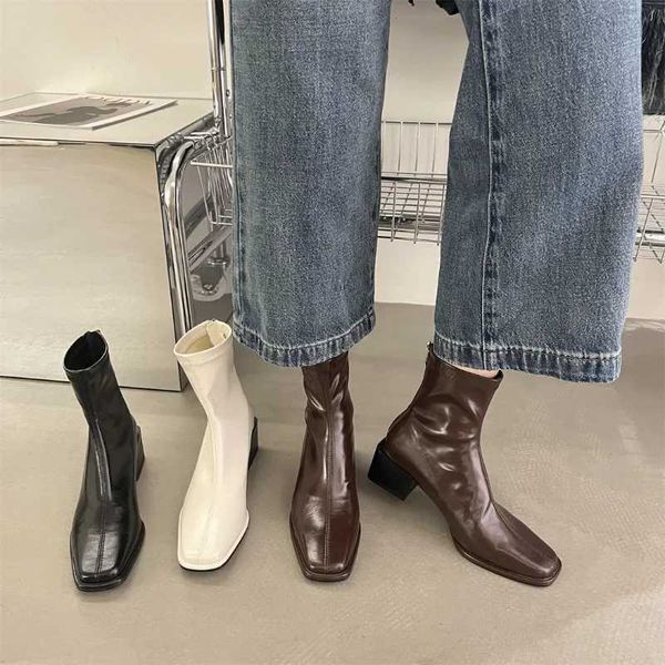 Square toe womens ankle boots elastic shoes thin mid boots black-brown-beige back zipper dress sock boots womens sizes 35-40 CL240906