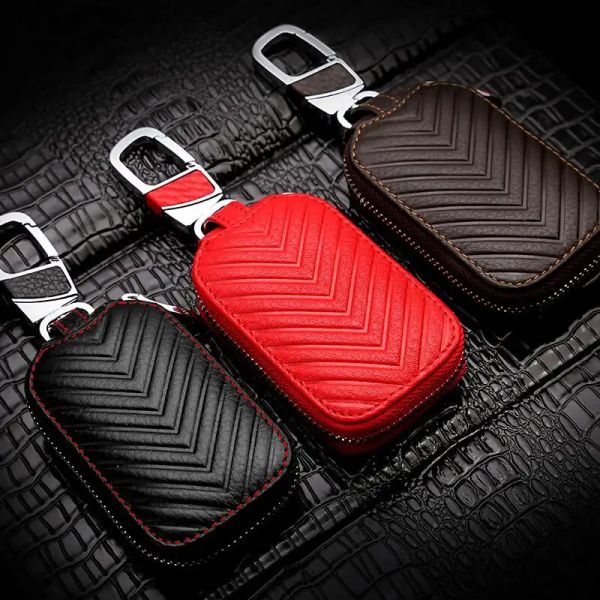 Universal V Grain Leather Smart Flip Remote Car Key Fob Shell Case Cover Holder Bag Pouch Wallet Protector Keychain Organizer