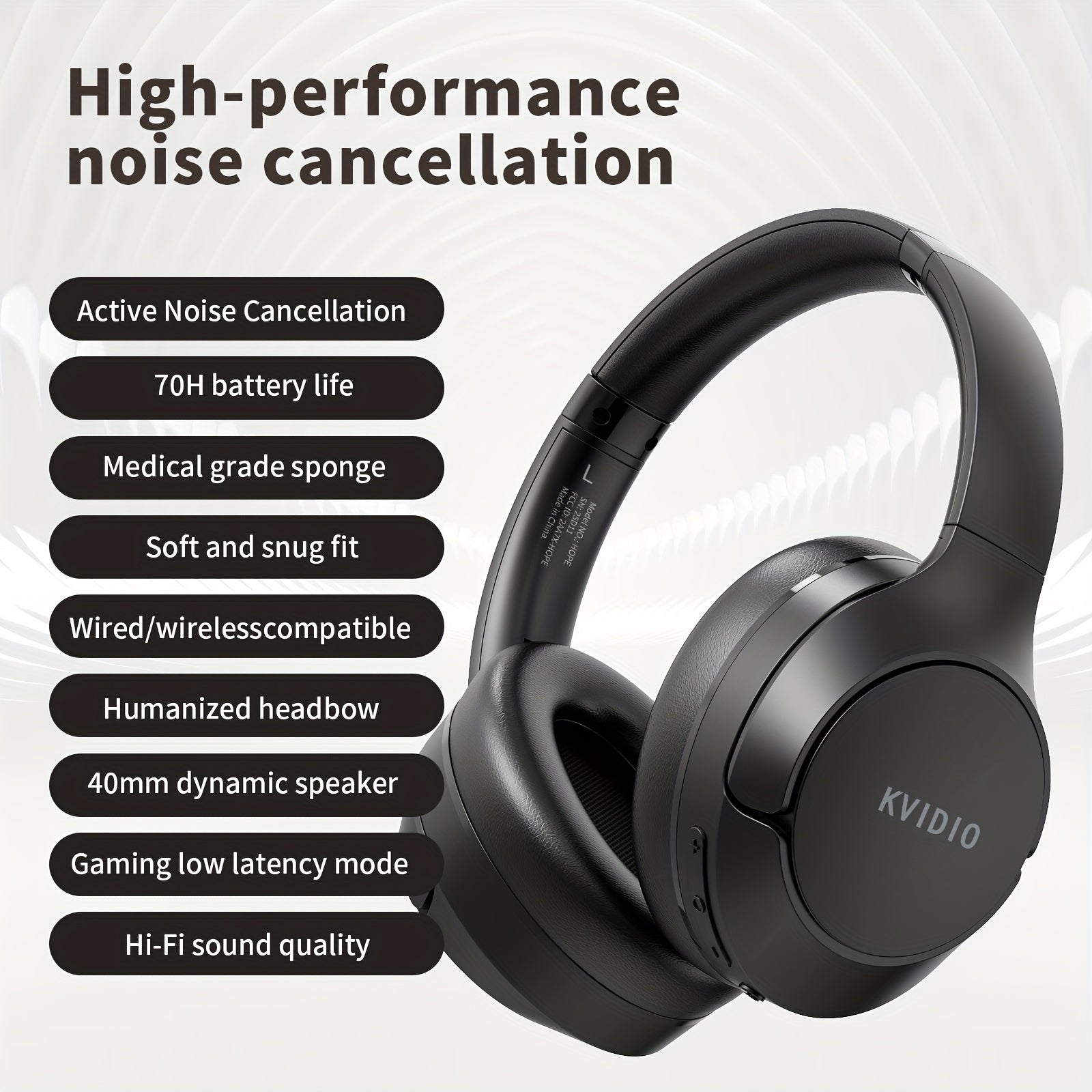 TEMU Wireless Premium Hybrid Noise Canceling Overhead Headphones With Mic For Phone-call, 70h Playtime, Audio, Big , Mode, Memory Foam Ear Cups,