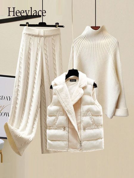 Women&#039;s Two Piece Pants Winter Warm 3 Set s Outfits Office Ladies Turtleneck Knitted Sweater woolen Parkas Vest wide Leg Knitting 22113