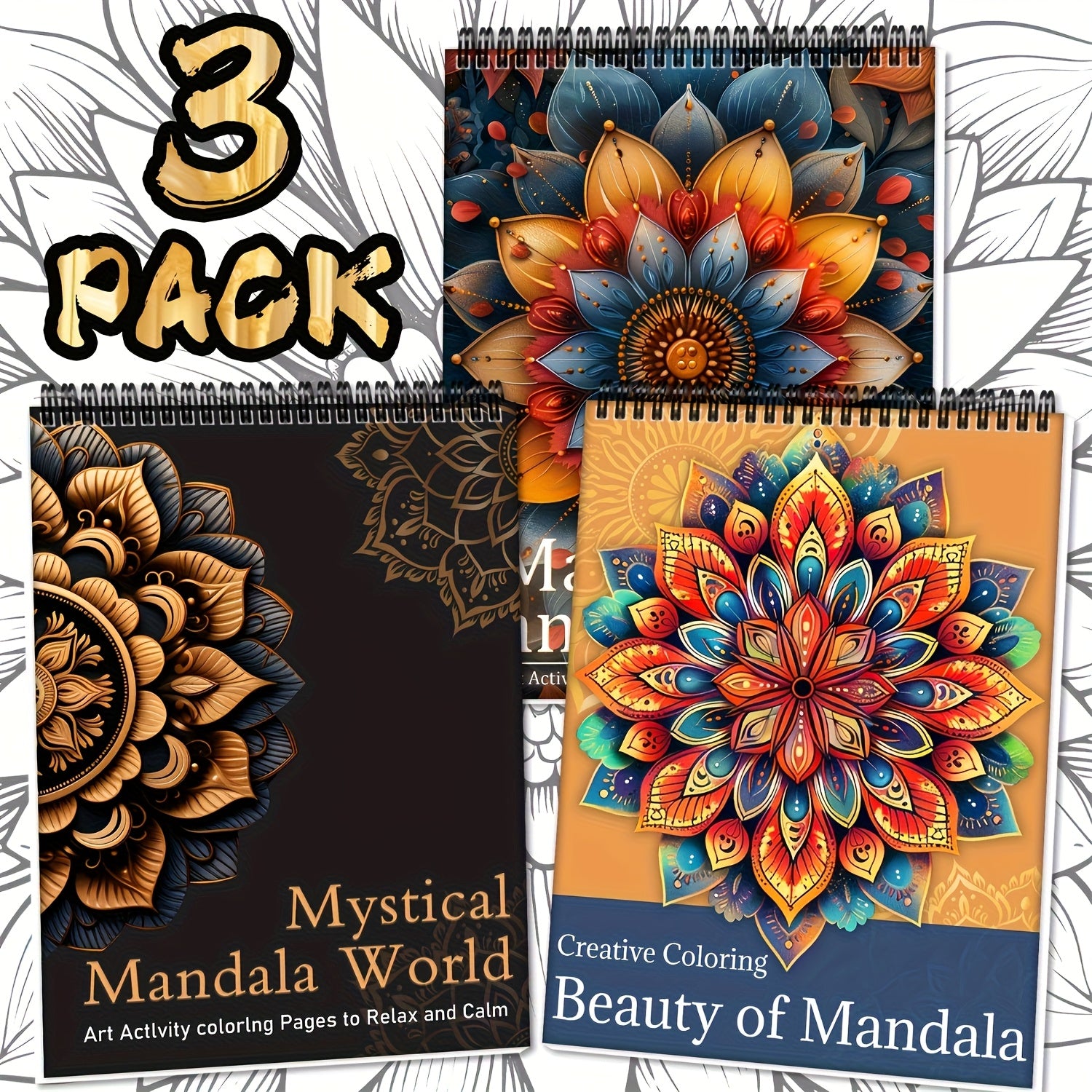 TEMU Adult Coloring Book Set - Pack Of 3 Mandala Coloring Books For Relax And Mindfulness - 11.2x8.2 Inches, Spiral Bound, Single-sided Pages - Art