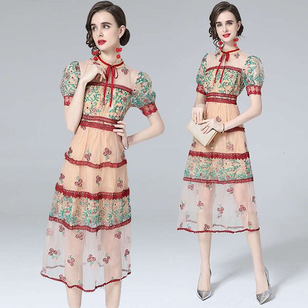 2023 Baroque Lace Up Round Neck Bubble Sleeve Mesh Perspective Heavy Industry Embroidered Dress Novelty Temperament Bifurcated Round Neck Dr