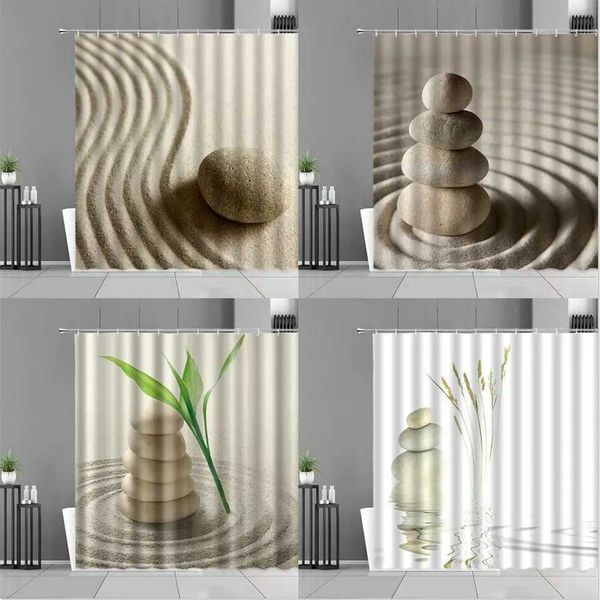 Sandy Beach Zen Stone Shower Curtain Green Bamboo Leaves Flower Landscape Waterproof Bath Curtains Home Bathroom Decor Set Y240815