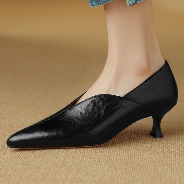 Women&#039;s Genuine Leather 5Cm Thin High Heel Poied Toe Slip-On Pumps Elegant Ladies OL Style Daily Dress Heeled Shoes For Woman